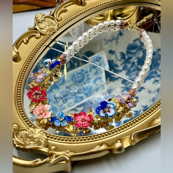 🆕 LES NEREIDES 🧿 NIB Mille Pensees Necklace, Mille Pensees Flowers and Pearl - Picture 4 of 16